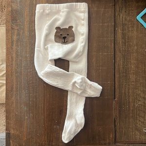 Baby Gap cream colored thicker ribbed footed tights with bear 12-24M